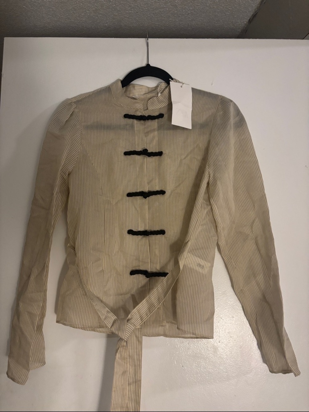 Zara Women's Cream Tie-Front Mandarin Jacket with Black Frog Closures